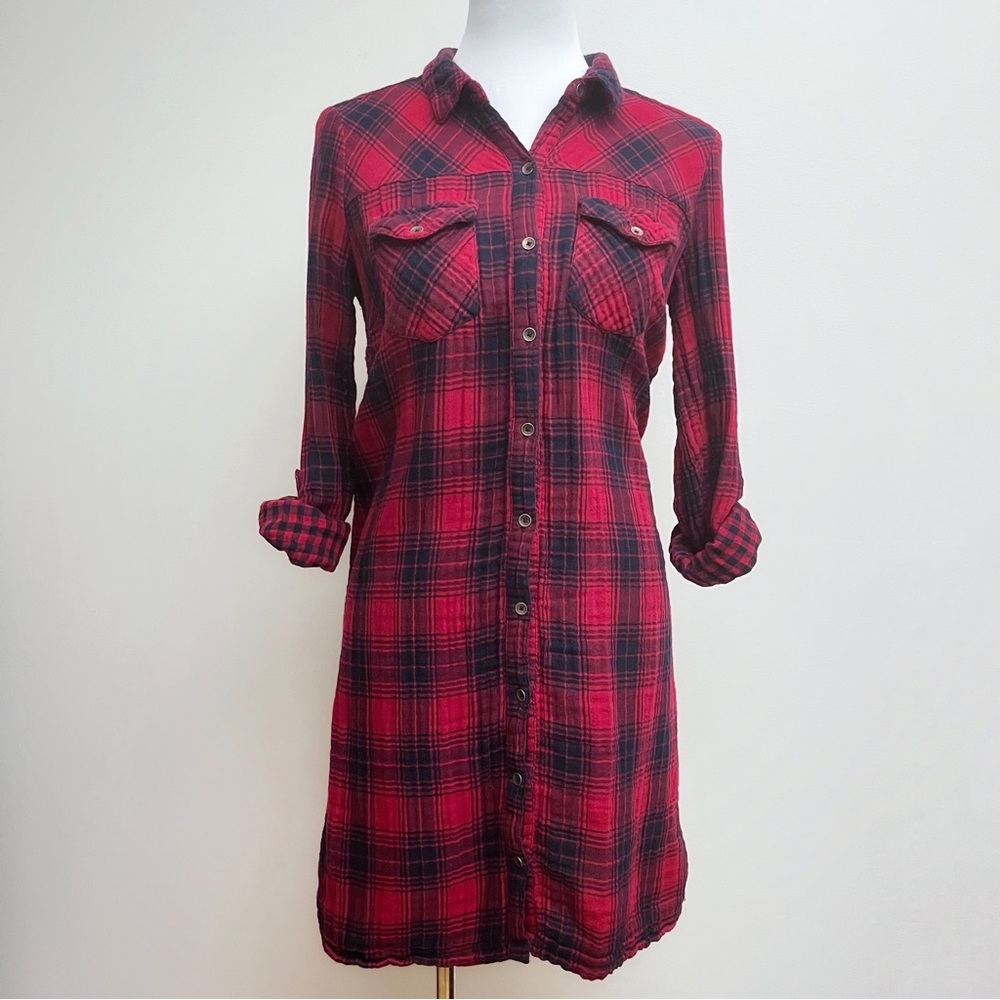 Motherhood Maternity Red and black plaid Flannel Roll tab sleeve Button Dress